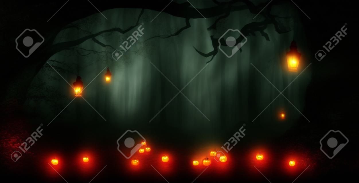 Sfondo di Halloween con lanterne nella foresta oscura nella notte spettrale. Disegno di Halloween nella foresta magica