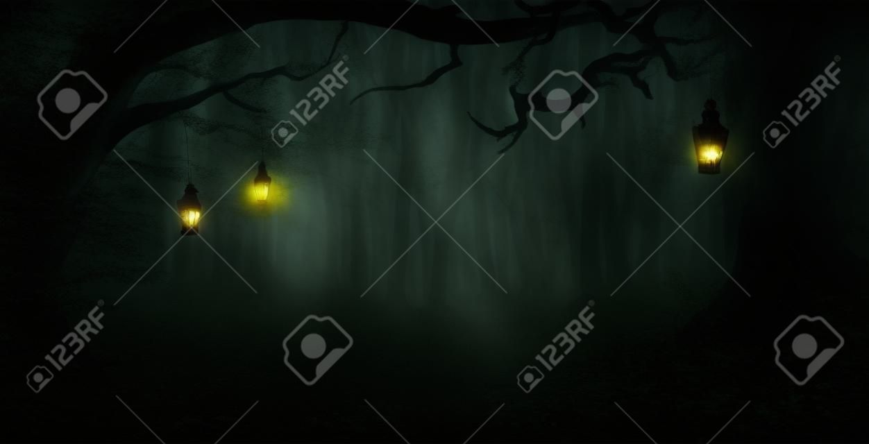 Halloween-Hintergrund mit Laternen im dunklen Wald in gespenstischer Nacht. Halloween-Design im Zauberwald