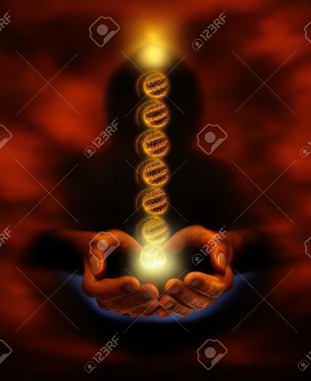 Hands emerging from darkness, cupped with seven charka vortexes 