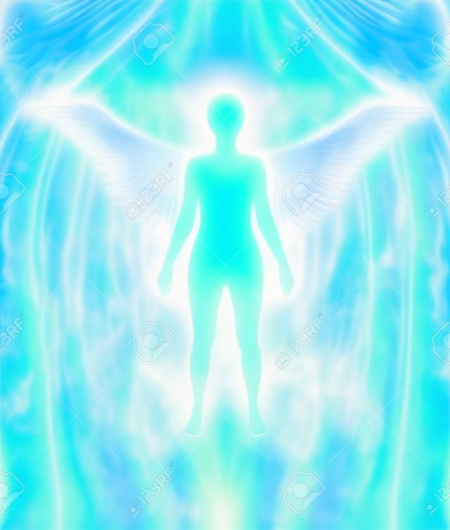 Angelic Aura Cleanse - white female silhouette figure with turquoise glow and delicate multi layered blue auric field radiating outwards with white wing-like formation at shoulder level