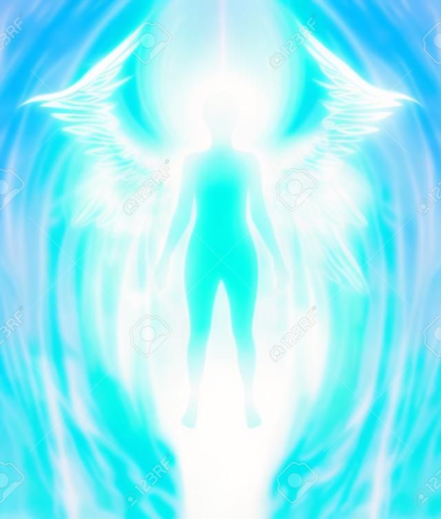 Angelic Aura Cleanse - witte vrouwelijke silhouet figuur met turquoise gloed en delicate multi gelaagde blauwe aura veld stralen naar buiten met witte vleugel-achtige vorming op schouderniveau