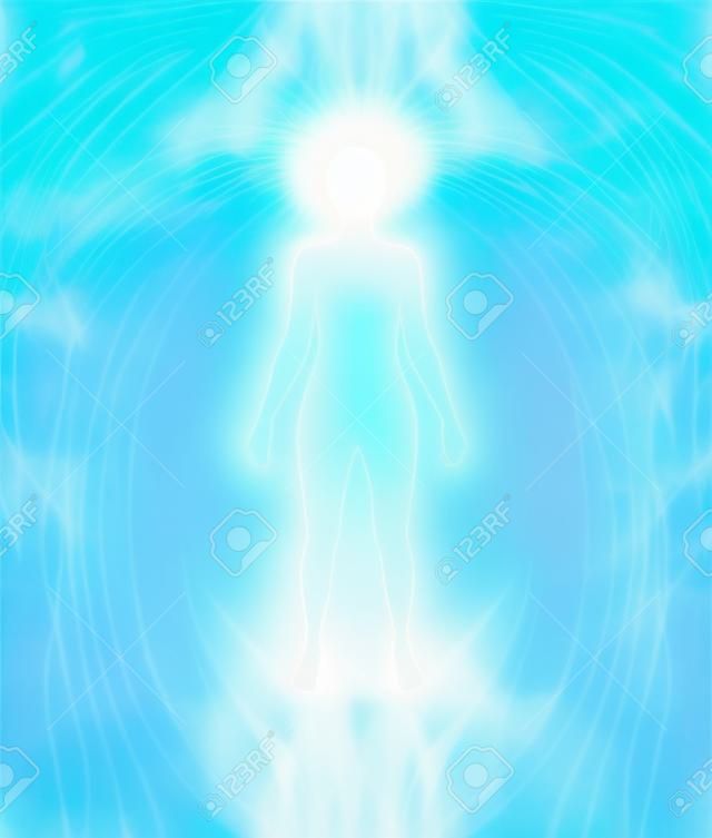 Angelic Aura Cleanse - witte vrouwelijke silhouet figuur met turquoise gloed en delicate multi gelaagde blauwe aura veld stralen naar buiten met witte vleugel-achtige vorming op schouderniveau