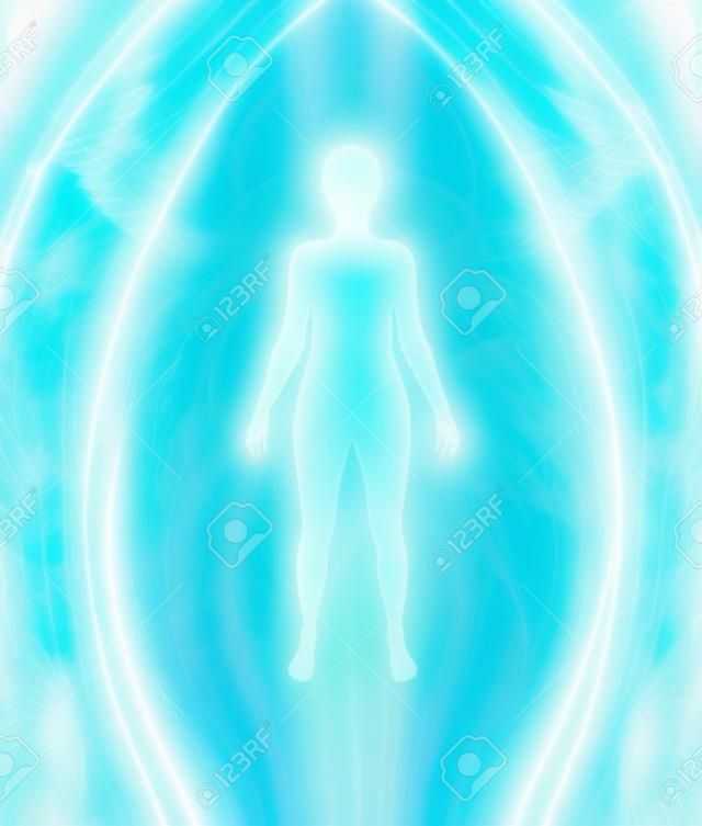 天使光環淨化 - 白人女性剪影圖與綠松石的光芒和細膩的多層次的藍金場與肩平白翼狀向外形成輻射
