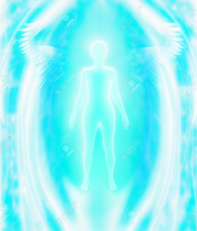 天使光環淨化 - 白人女性剪影圖與綠松石的光芒和細膩的多層次的藍金場與肩平白翼狀向外形成輻射