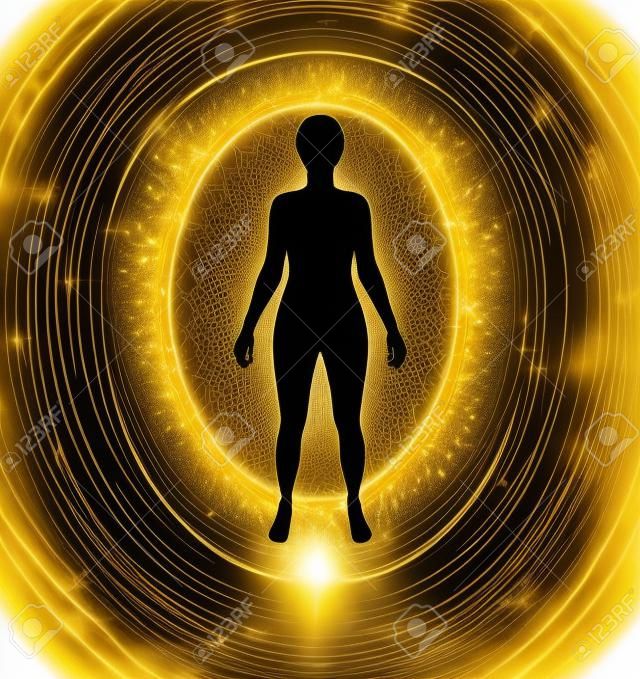 Golden Goddess Aura - white female silhouette figure with golden glow and delicate multi-layered golden aura energy field