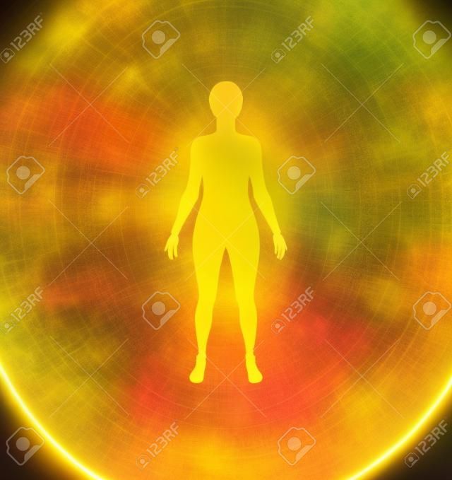 Golden Goddess Aura - white female silhouette figure with golden glow and delicate multi-layered golden aura energy field