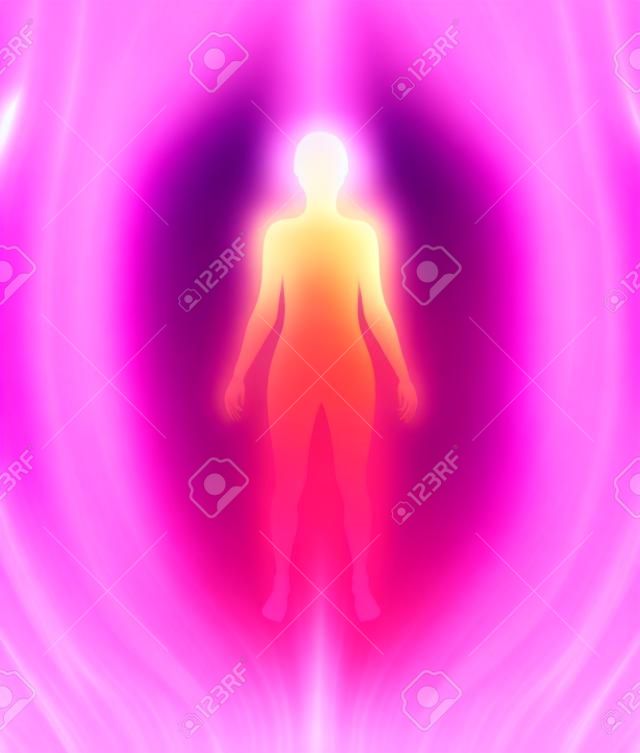 Se connecter avec votre Soi Supérieur - blanc femme figure silhouette avec une lueur d'or sur un rose et violet fond du champ de l'énergie féminine
