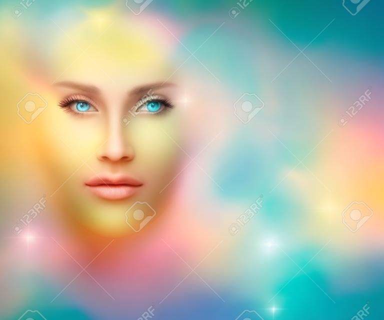 Espíritu apacible: luz dorada etérea que forma la cara de un espíritu apacible sobre un fondo de campo de energía de color pastel con espacio de copia a la derecha