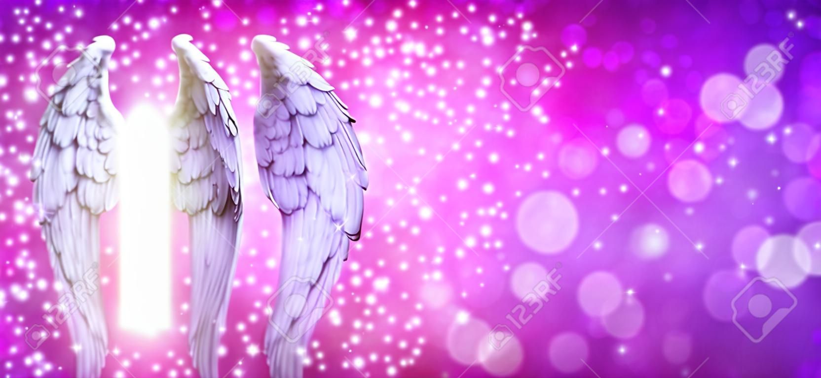 Purple Pink Sparkle Angel Wings Message Board - pair of Angel wings on left side with random white and pink sparkles on a vibrant pink purple bokeh background and copy space