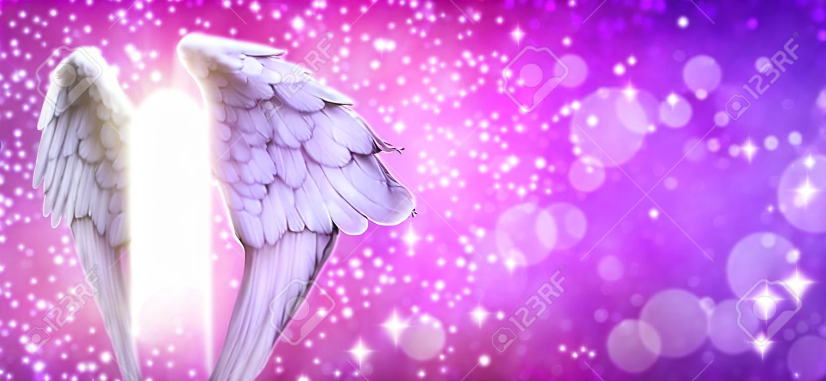 Purple Pink Sparkle Angel Wings Message Board - pair of Angel wings on left side with random white and pink sparkles on a vibrant pink purple bokeh background and copy space