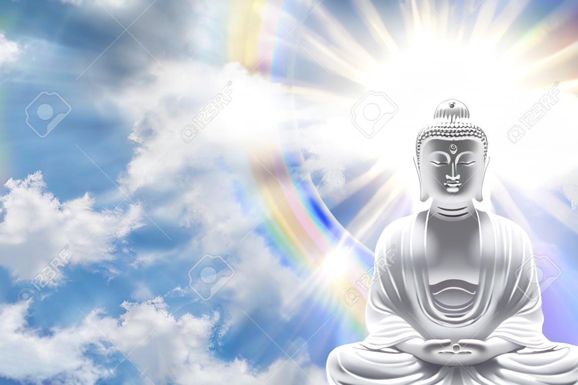 Fond de message d'illumination de Bouddha - bouddhiste contemplatif paisible en position de lotus méditant avec un rayon de soleil arc-en-ciel et un arrière-plan nuageux dramatique avec espace de copie