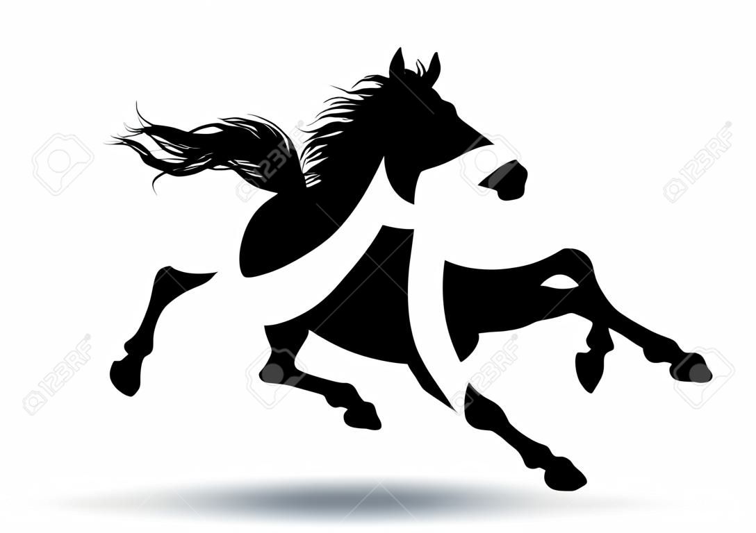 Un caballo galopa rápido, ilustración silueta sobre un fondo blanco
