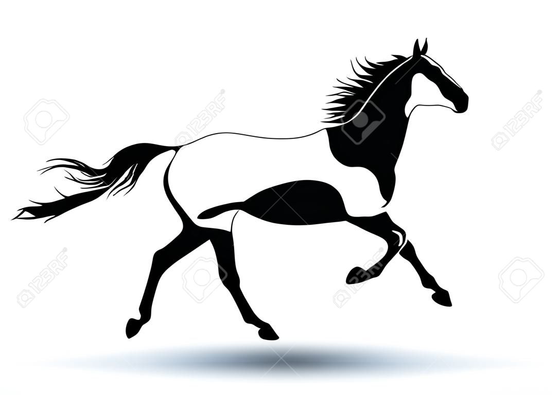 Un caballo galopa rápido, ilustración silueta sobre un fondo blanco