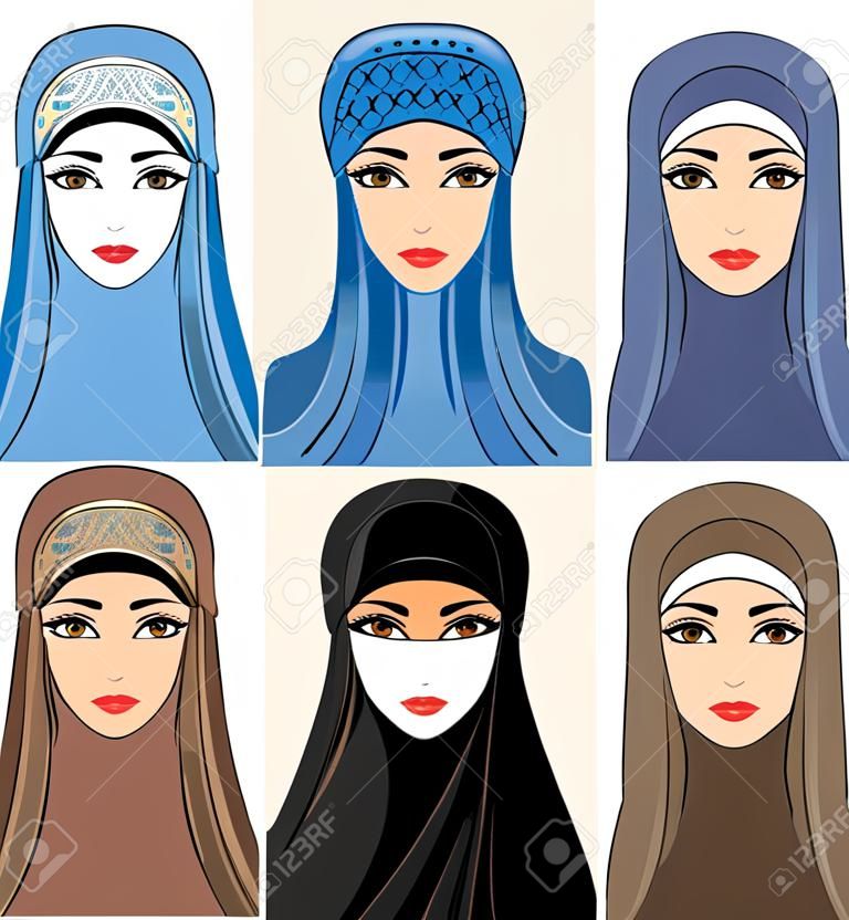 Mulheres muçulmanas árabes em lenço de headwear tradicional - ícone isolado de ilustração