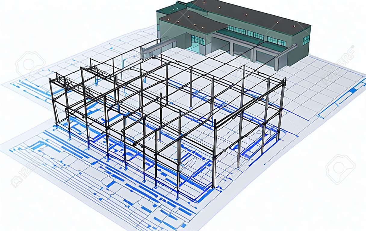 Isometric view the skeleton of an industrial building on architect’s drawing.