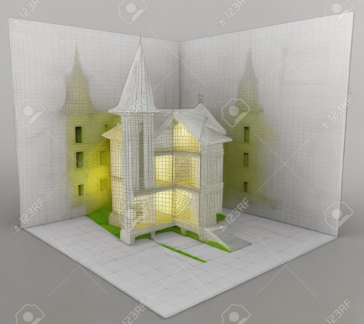 3D isometric view of the cut building on architect's drawing.