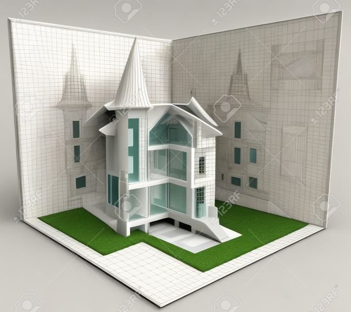 3D isometric view of the cut building on architect's drawing.