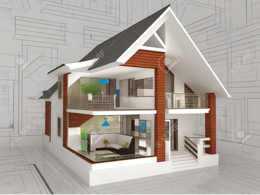 Vista assonometrica 3D della casa residenziale tagliata su disegno di architetto