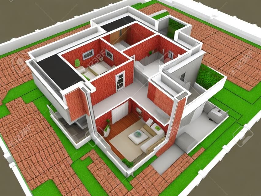 Vista isométrica en 3D de la casa residencial de corte.