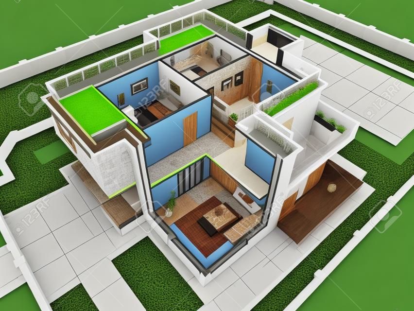 Vista isométrica en 3D de la casa residencial de corte.