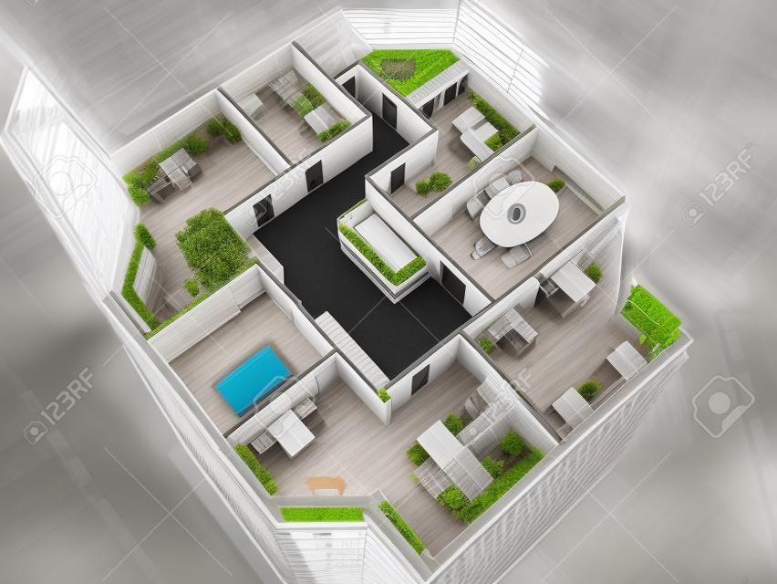 Interior of office building look downwards. 3d image.