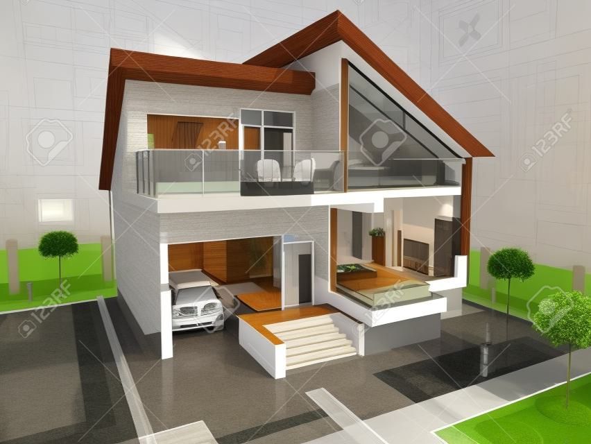 O projeto da casa residencial. Imagem 3D.