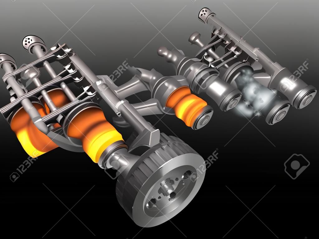 V8發動機的活塞，閥門，連桿和曲軸在工作的3D圖像
