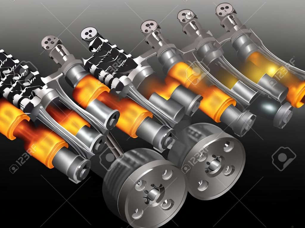 V8 motor de pistones, válvulas, bielas y el cigüeñal-en la imagen de trabajo en 3D