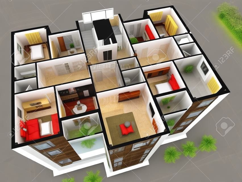 Sección transversal de la casa residencial. Imagen en 3D.