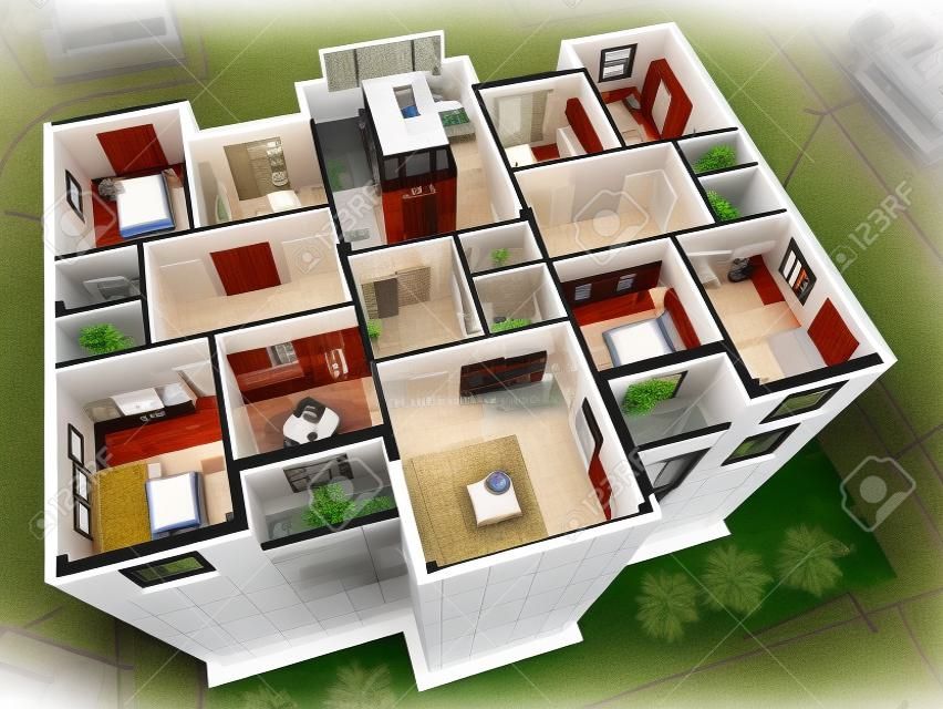 Sección transversal de la casa residencial. Imagen en 3D.