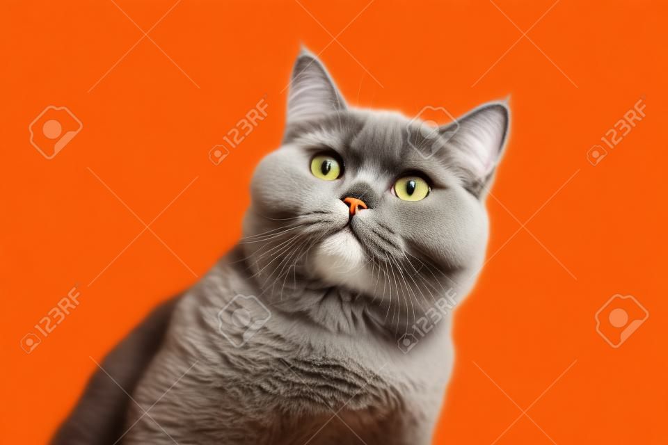Gracioso retrato de gato británico de pelo corto que parece conmocionado o sorprendido sobre fondo naranja con espacio de copia