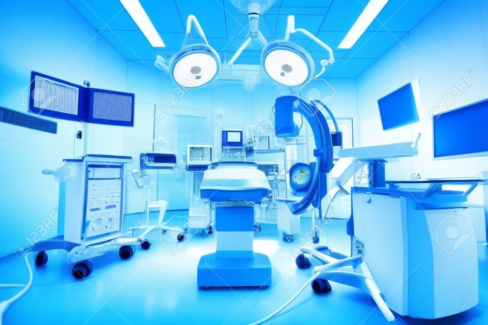 equipamentos e dispositivos médicos na sala de cirurgia moderna levar com iluminação de arte e filtro azul