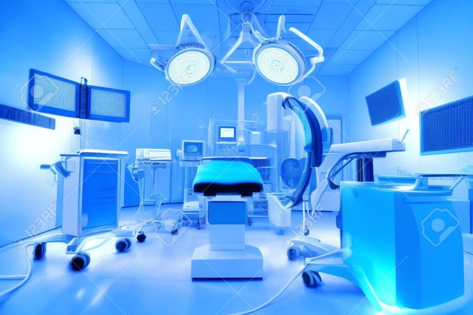 attrezzature e dispositivi medici nella moderna sala operatoria prendono con l'illuminazione artistica e filtro blu