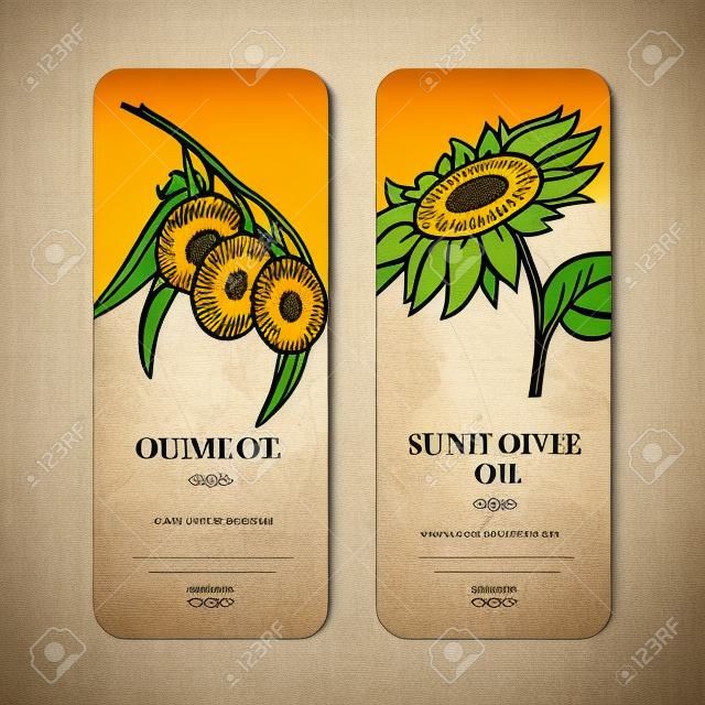 Vector template labels for olive and sunflowers oils. Woodcut style. Easy editable. Simple data. Perfectly for packaging design.