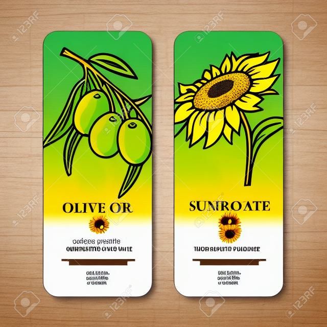 Vector template labels for olive and sunflowers oils. Woodcut style. Easy editable. Simple data. Perfectly for packaging design.