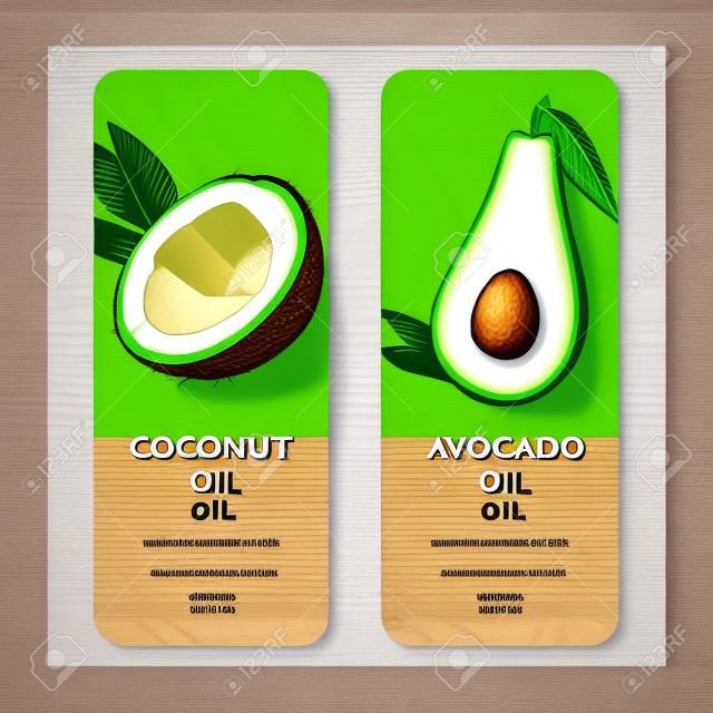 Vector sjabloon etiketten voor kokos en avocado oliën in houtsnede stijl. Makkelijk te bewerken. Simpele gegevens. Perfect voor verpakking ontwerp.
