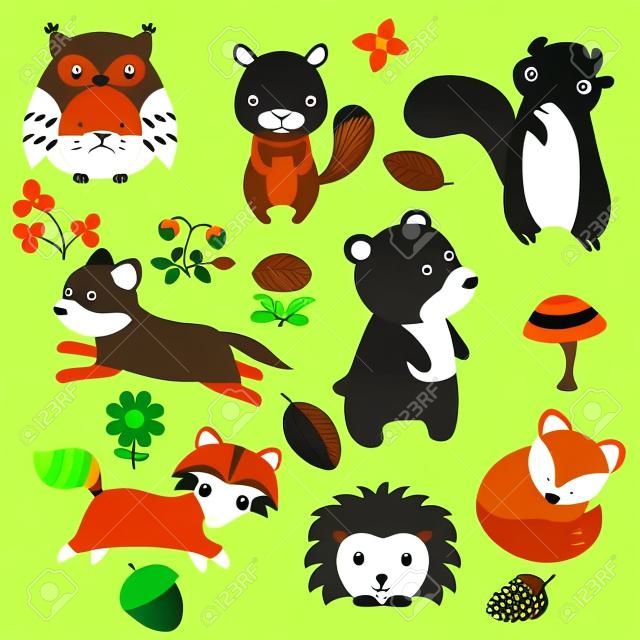 Forest animals vector set of icons and illustrations.