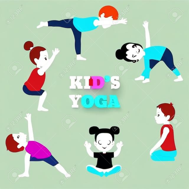 Kinder Yoga Set. Gesunder Lebensstil. Karikaturartillustration lokalisiert auf weißem Hintergrund.