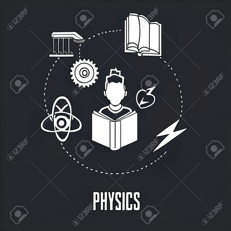 School subjects design concept. Physics. Black background with education icons.