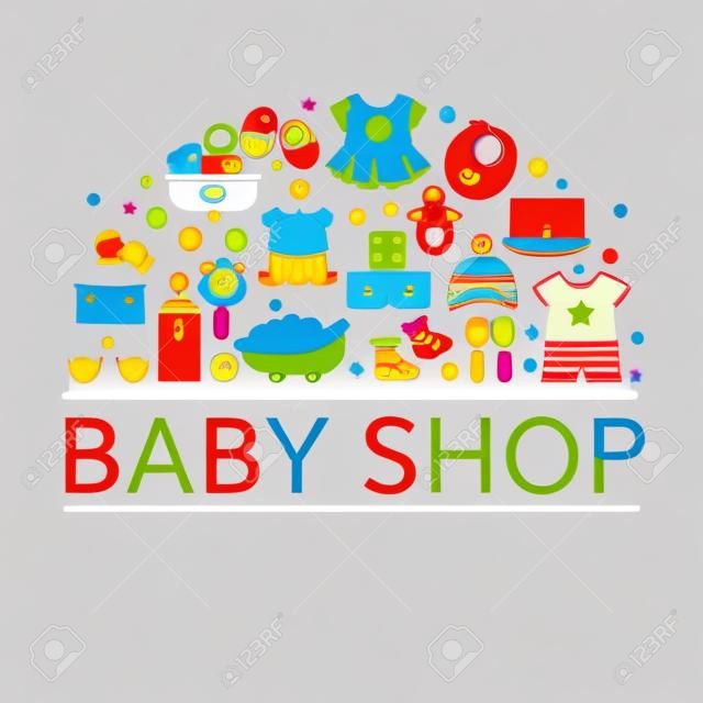 Conceito de loja de bebê com brinquedos e roupas. Ilustração vetorial.