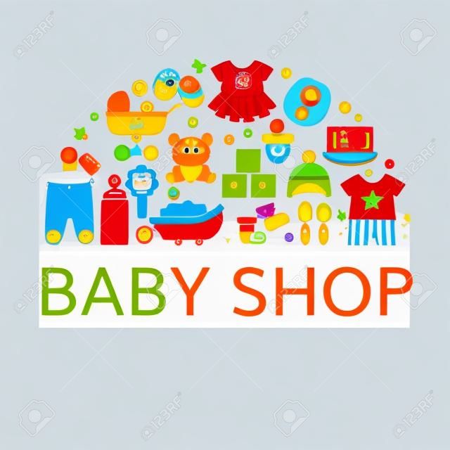 Conceito de loja de bebê com brinquedos e roupas. Ilustração vetorial.