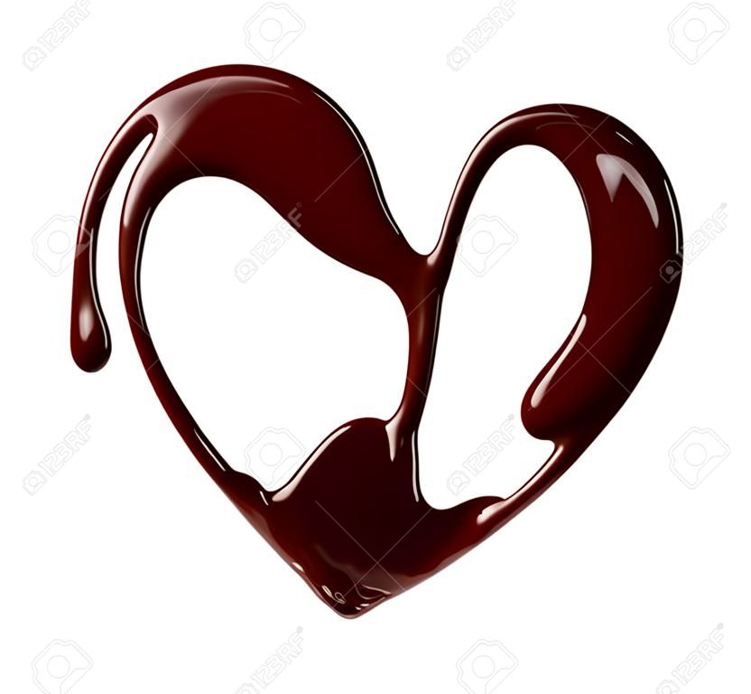 Chocolate em forma de coração. Xarope de chocolate derretido em fundo branco. Chocolate líquido em fundo branco.