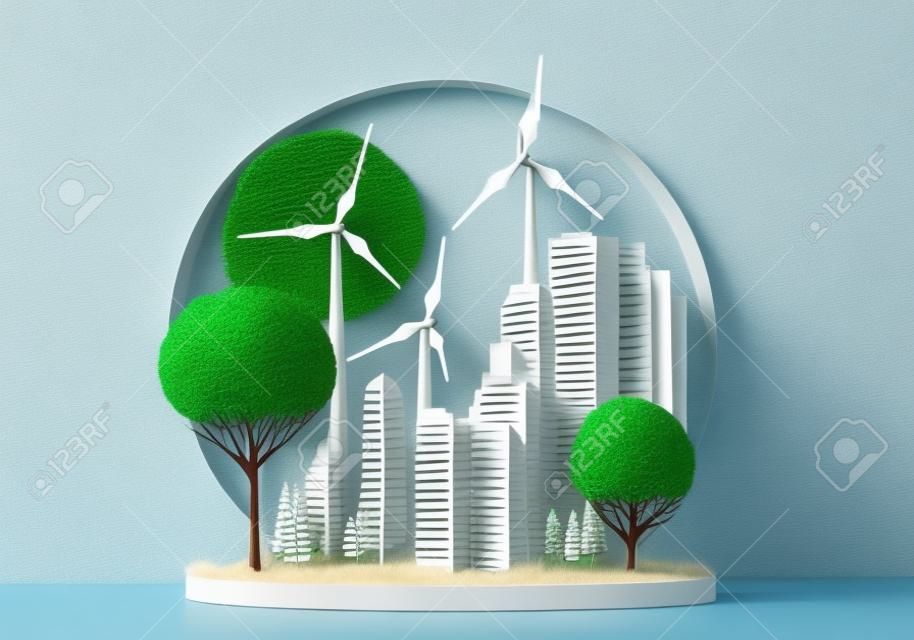 Gebouwen en windkrachtcentrale, bomen handgemaakt van papier. Windturbines genereren elektriciteit voor de stad. Groene energie concept ambacht. AI gegenereerd