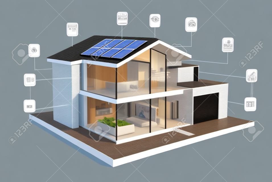 Immagini Stock - Casa Intelligente Con Pannelli Solari Schizzo In 3d Con  Progetto Infografico Di Casa Con Sistema Di Sicurezza Luce Intelligente Ad  Alta Efficienza Energetica Generato. Image 201337516