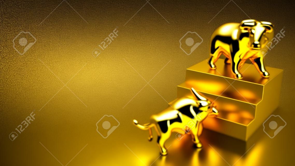 Toro d'oro e orso sulle scale per il rendering 3d del concetto di business