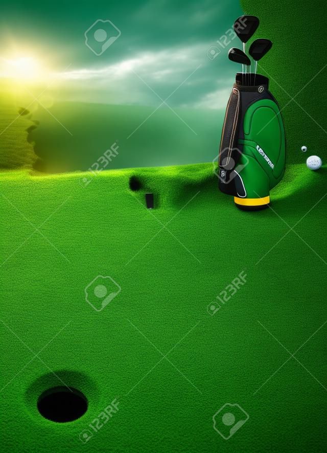 golfuitrusting op groen en gat als achtergrond