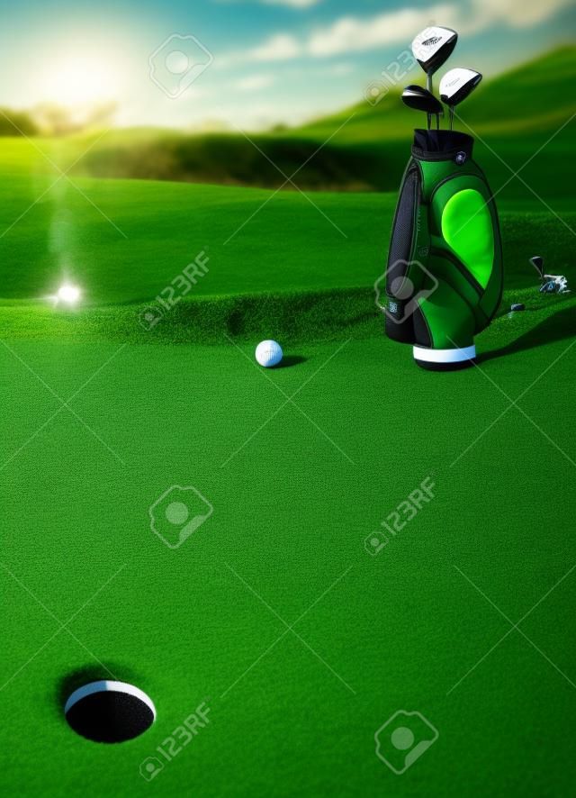 綠色和洞為背景的高爾夫設備