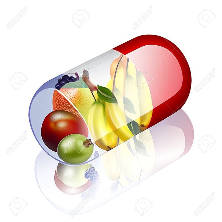 ilustración de los frutos en cápsula de vitamina concepto fruta