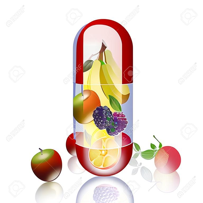 illusztrációja gyümölcsök kapszula koncepció vitamin gyümölcs