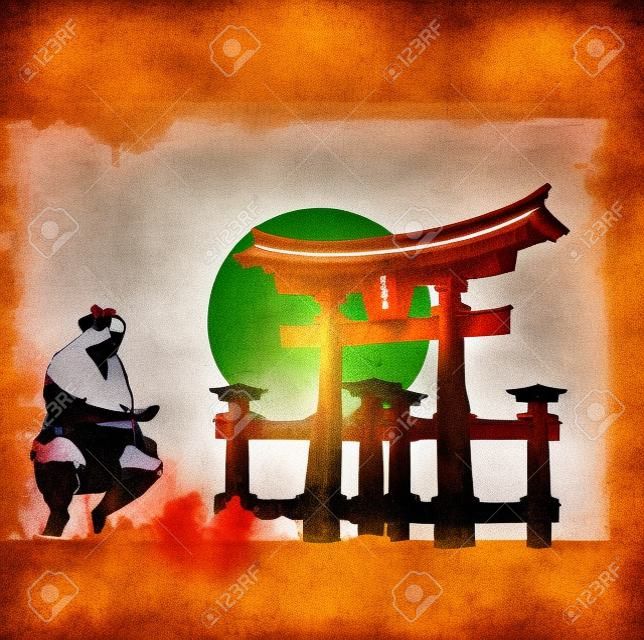Miyajima Torii, sumo, Japan flag with grunge effect